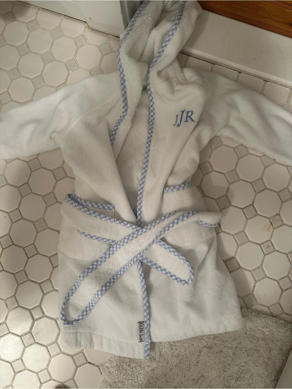 White Kids Hooded Robe with Light Blue Trim